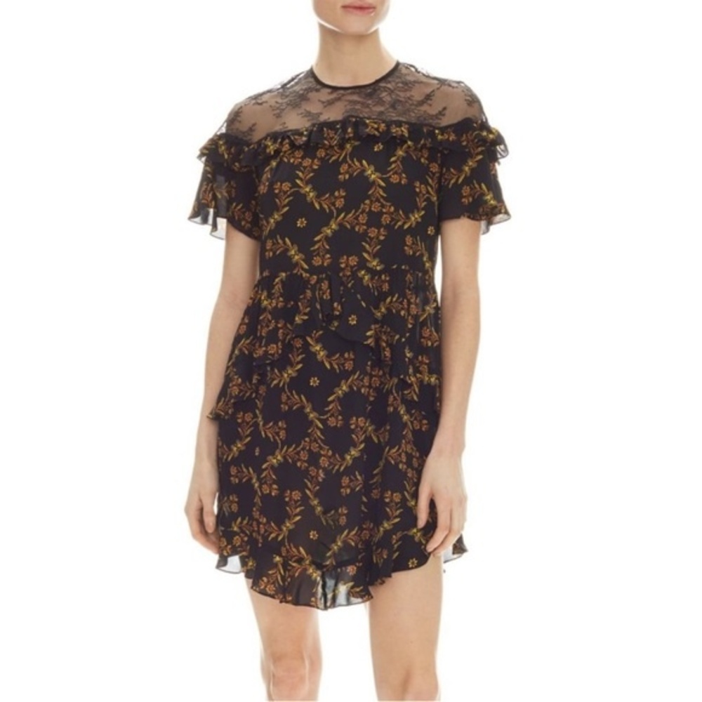 Sandro Alderic Black Lace Butterfly Print Ruffle Mini Dress, EU 36/US S